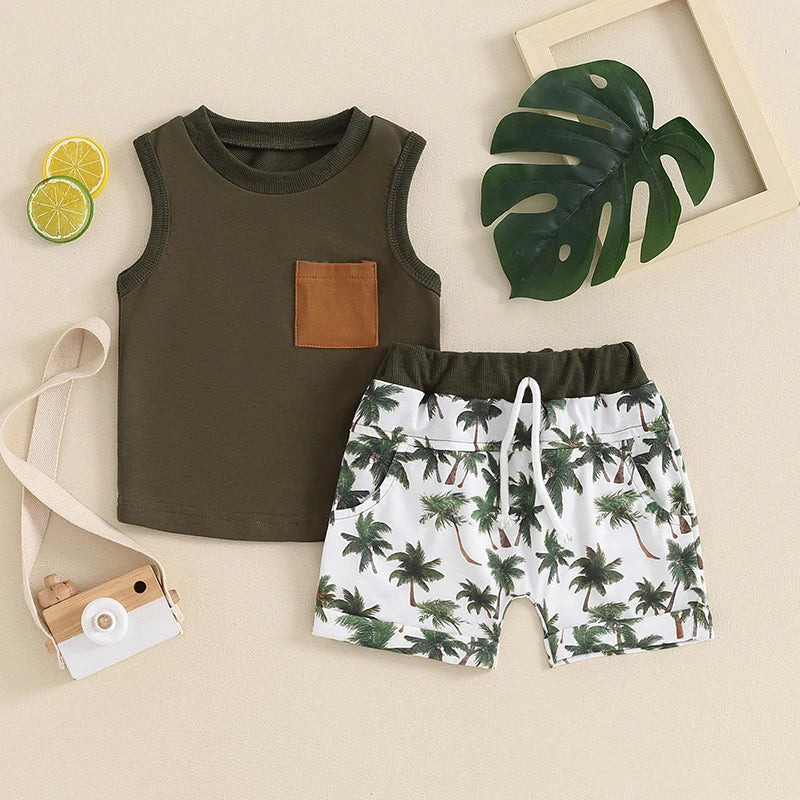 Toddler Baby Boys 2Pcs Summer Shorts Set Sleeveless Tank Top wth Pocket and Tropical Palm Tree Print Shorts Set