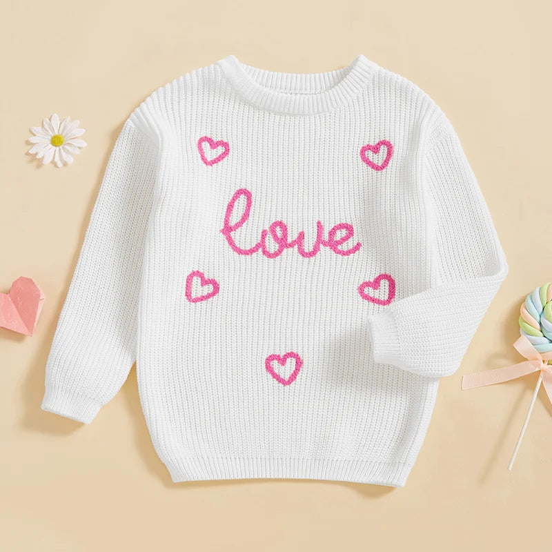 Toddler Kids Girls Pullover Sweater Casual Valentine s Day Letter Love Heart Embroidery Infant Knitwear Warm Clothes