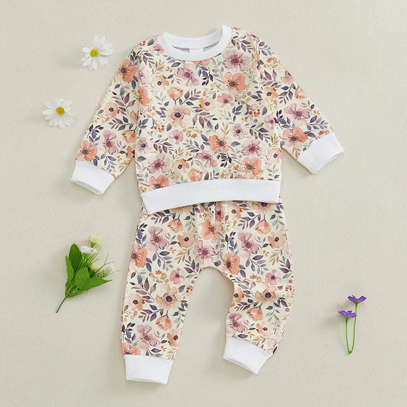 Baby Toddler Girl 2Pcs Spring Fall Outfit Long Sleeve Flower Print Top + Pants Jogger Set