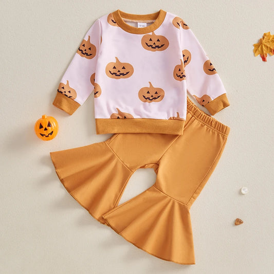 Baby Toddler Girls 2Pcs Fall Halloween Outfit Long Sleeve Pumpkin Print Top + Bell Bottom Pants Set