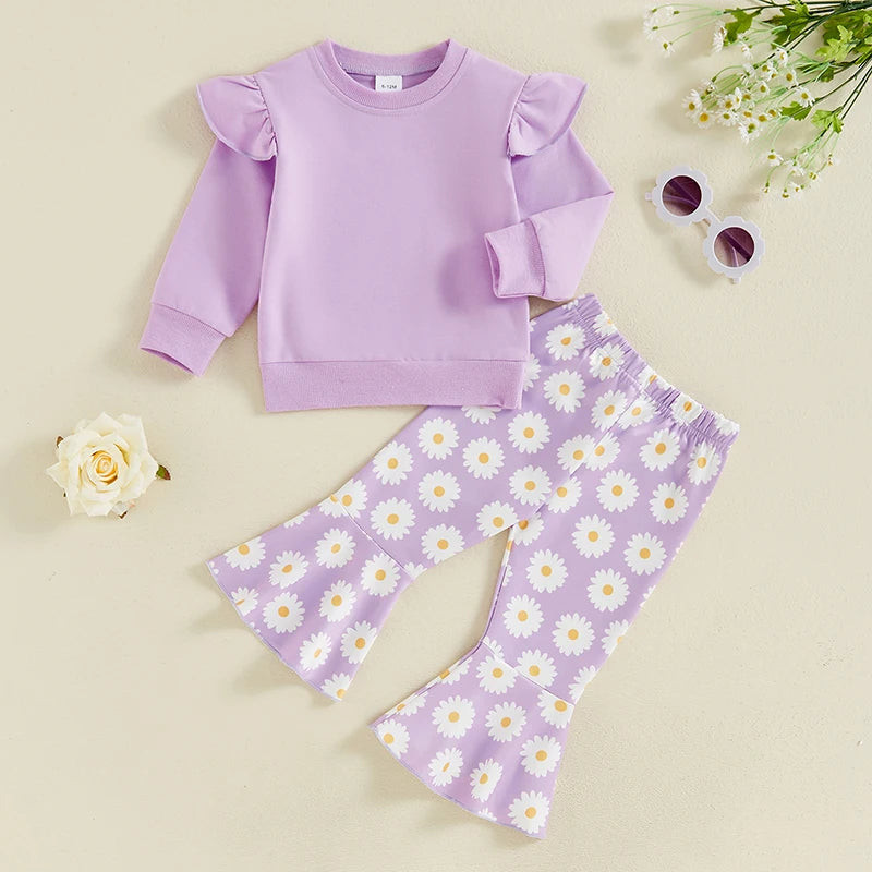 Toddler Kids Girls 2Pcs Fall Outfit Flying Sleeve Solid Color Pullover Top with Flower Floral Flared Pants Set