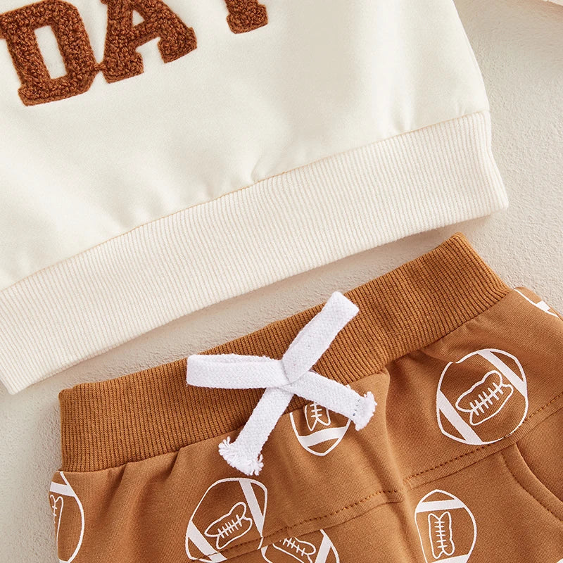 Baby Toddler Boys Girls 2Pcs Outfit Game Day Long Sleeve Letter Embroidery Pullover Top Football Print Pants Jogger Set