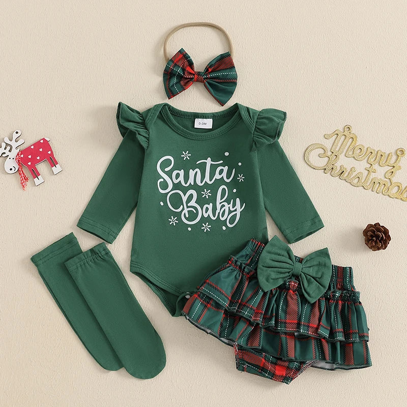 Baby Toddler Girls 4Pcs My 1st Christmas / Santa Baby First Outfit Letter Reindeer Ruffle Long Sleeve Romper Plaid Layered Ruffle Shorts Skirt Bloomers Socks Headband Bow Set