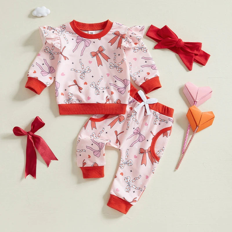 Baby Toddler Girls 3Pcs Valentine's Day Outfit Bow Heart Print Long Sleeve Crewneck Top with Pants Headband Jogger Set