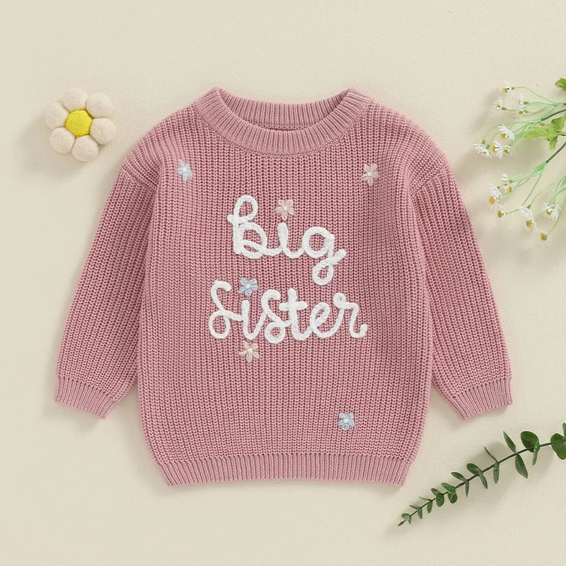 Toddler Kids Girl Big Sister Sweater Cute Long Sleeve Letter Embroidery Knit Pullover Loose Top