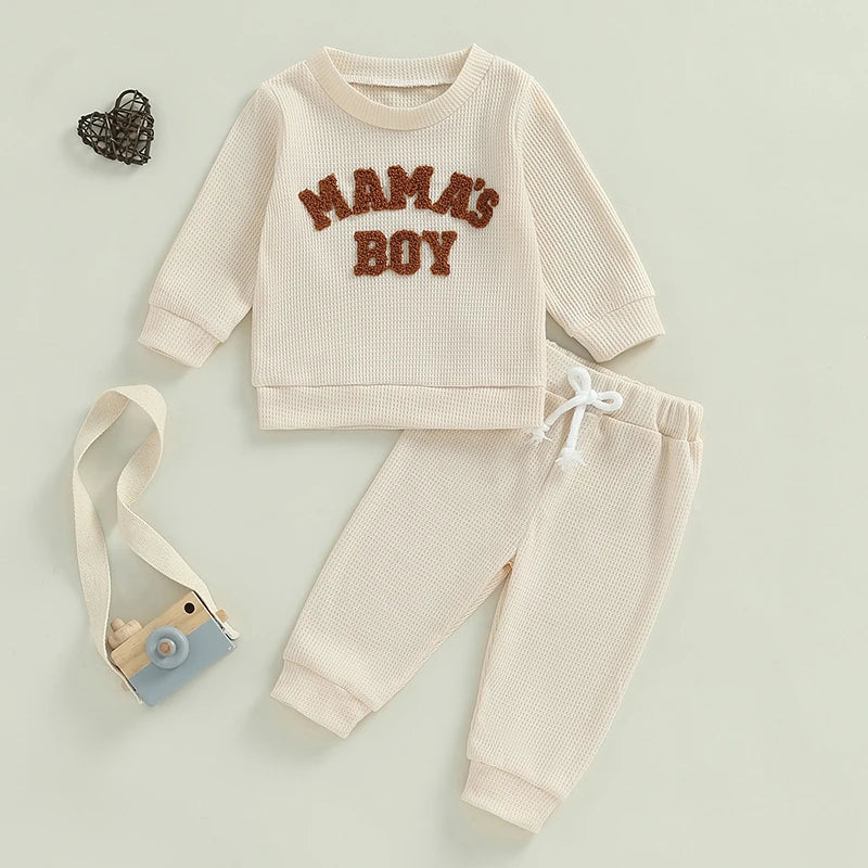 Baby Toddler Boys 2Pcs Mama's Boy Waffle Outfit Letter Embroidery Long Sleeve Top Elastic Waist Pants Set