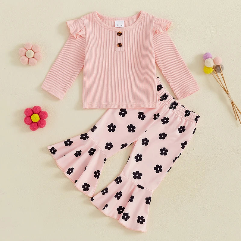 Baby Toddler Girl 2Pcs Fall Outfit Long Sleeve Ruffle Top + Floral Flower Flare Pants Set