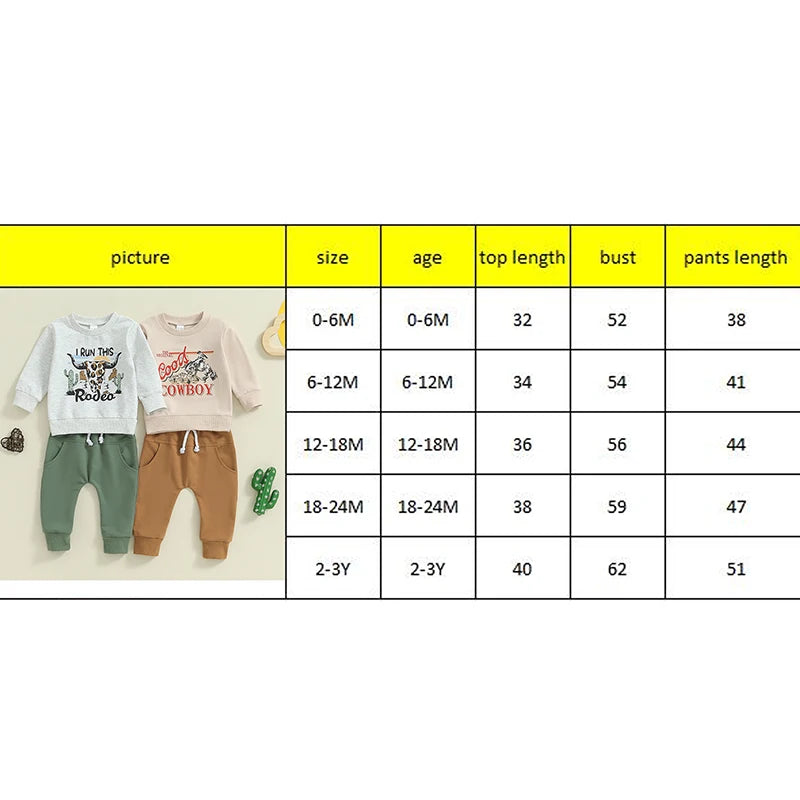 Baby Toddler Boys 2Pcs I Run The Rodeo Cowboy Clothes Set Long Sleeve Crew Neck Letters Western Cow Print Top with Elastic Waist Pants Set