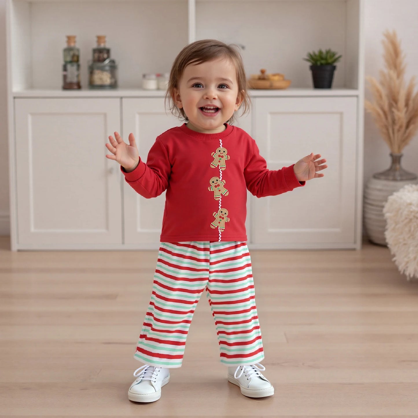 Baby Toddler Boy Girl 2Pcs Christmas Outfits Long Sleeve Gingerbread Man Embroidery Tops + Pants Set Clothes