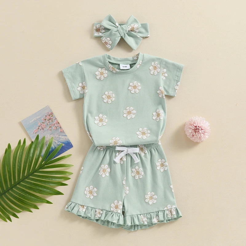 Baby Toddler Girl 3Pcs Summer Outfit Floral Flower Print Short Sleeve Top with Elastic Waist Ruffled Shorts Headband Set