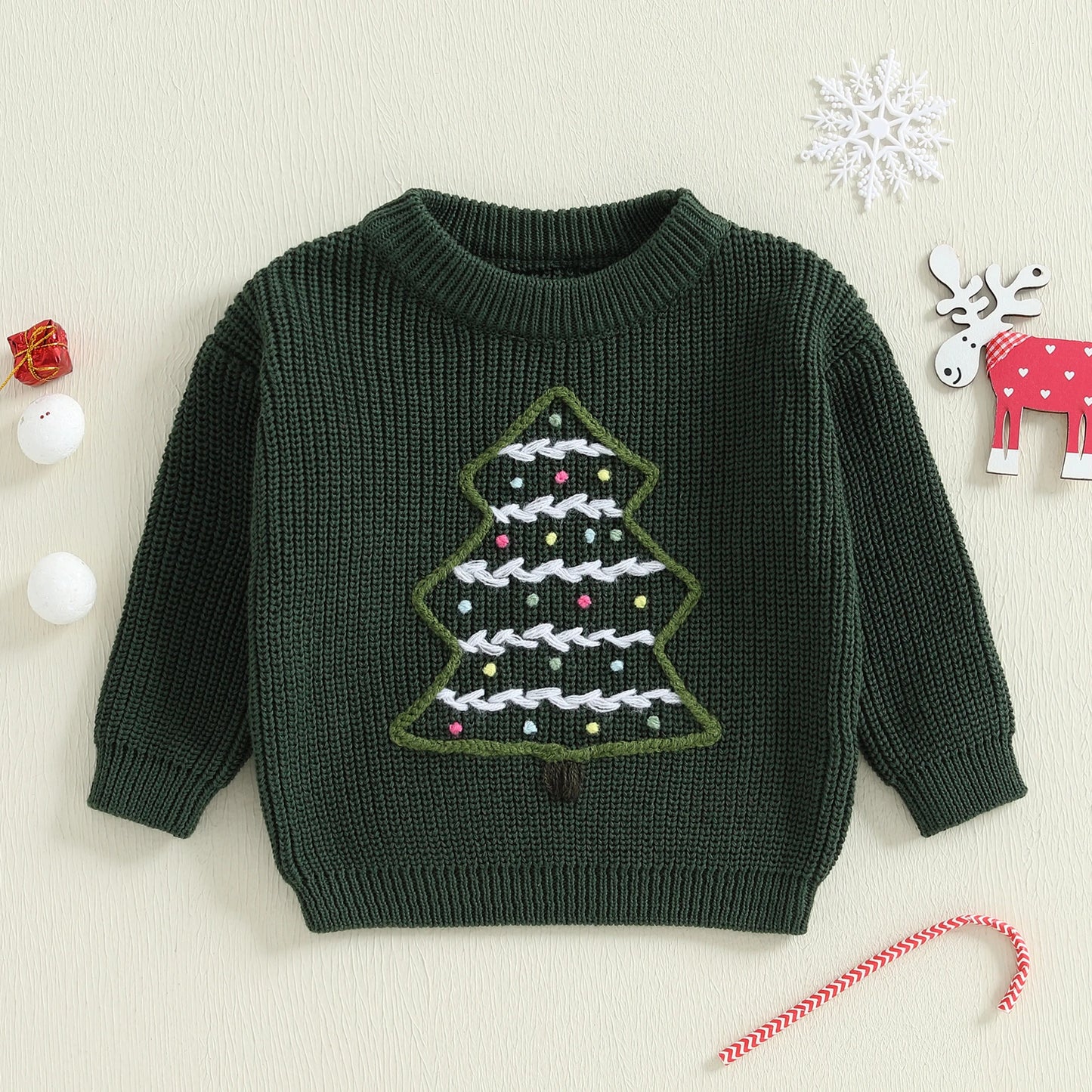 Baby Toddler Boys Girls Christmas Sweater Christmas Tree Embroidered Ribbed Long Sleeve Knitted Top for Winter
