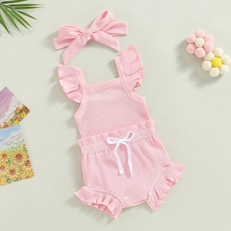 Baby Toddler Girls 3Pcs Flutter Sleeve Solid Romper Tops Drawstring Short Pants Headband Outfit