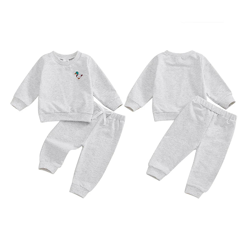 Baby Toddler Girl Boy 2Pcs Outfit Duck Embroidery Long Sleeve Crew Neck Top with Elastic Waist Pants Jogger Set