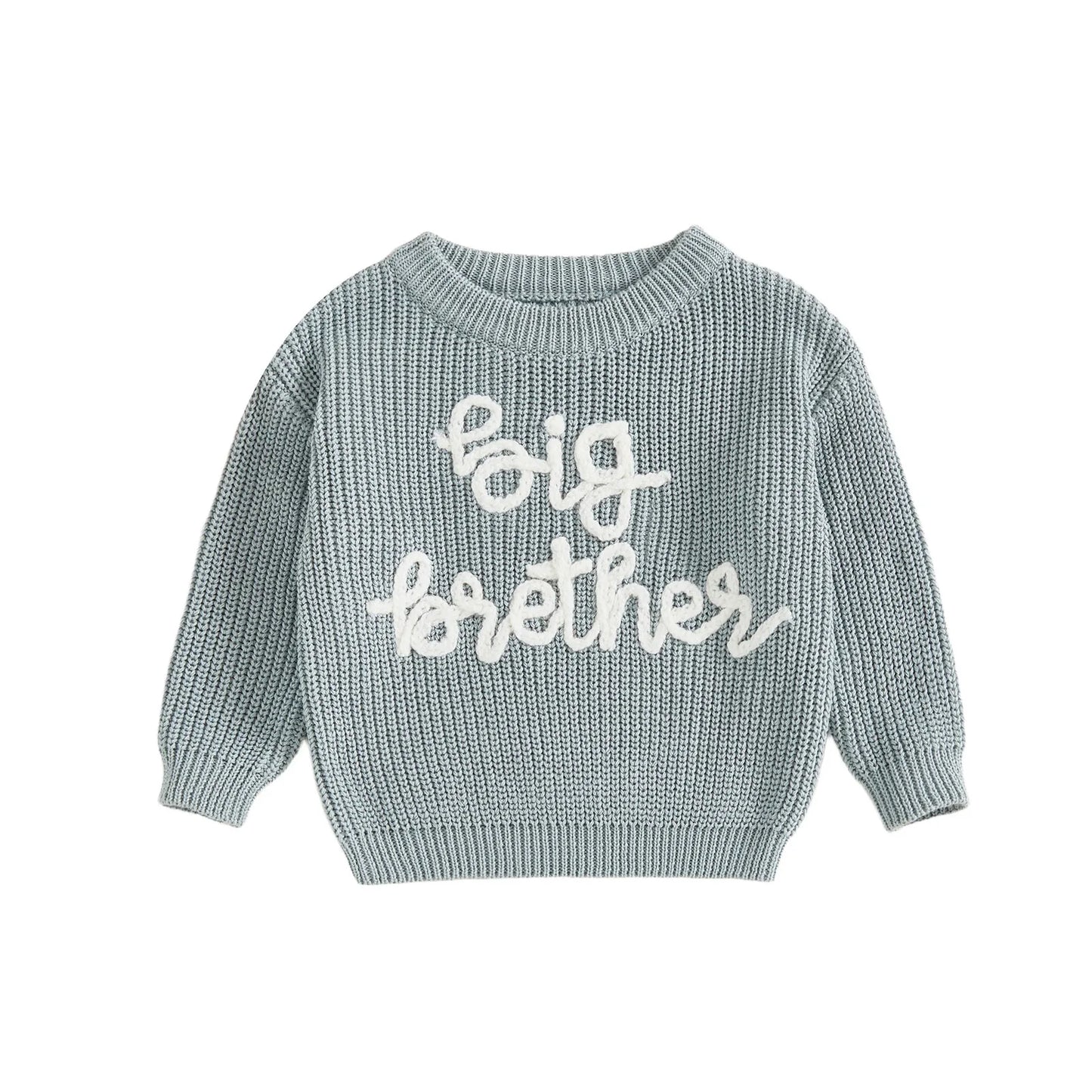 Toddler Boy Big Brother Fall Sweater Letter Embroidered Crewneck Long Sleeve Pullover Chunky Knit Tops