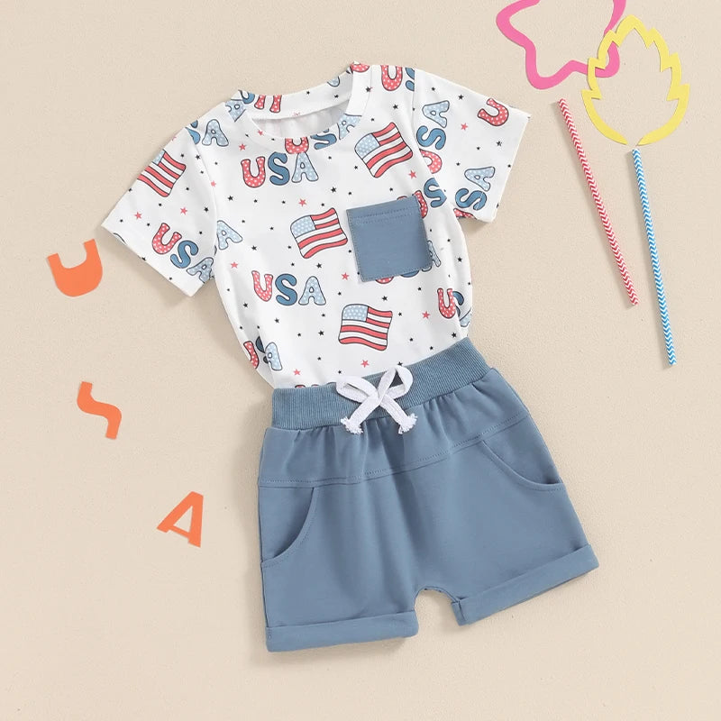 Baby Toddler Boys 2Pcs 4th of July USA Outfit Short Sleeve Letter Flag/Star Checkerboard Print Top Drawstring Shorts Set