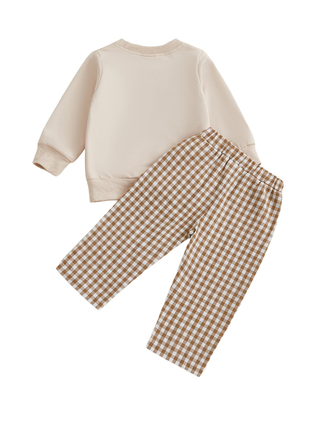 Baby Toddler Boys Girls 2Pcs Thanksgiving Outfit Pumpkin Turkey Pie Long Sleeve Crewneck Top Plaid Elastic Waist Pants Set