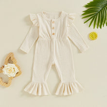 Load image into Gallery viewer, Baby Toddler Girl Fall Ribbed Romper Solid Color Long Sleeve Round Neck Button Front Flare Pants Jumpsuit
