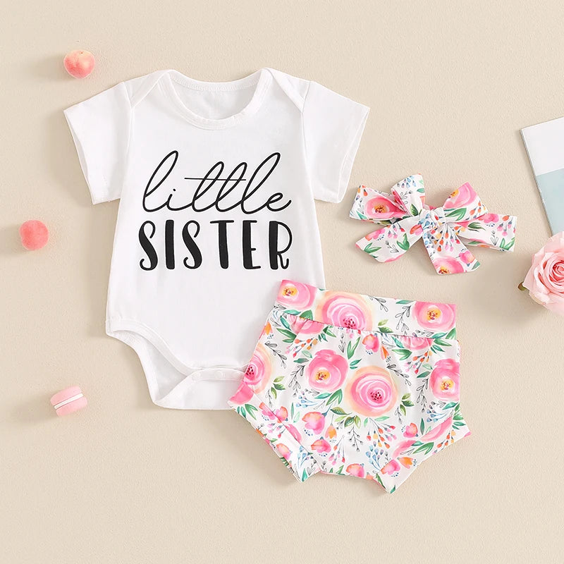 Baby Girls 3Pcs Little Sister Outfit Letter Print Short Sleeve Romper with Floral Flowers Pattern Shorts and Headband Set