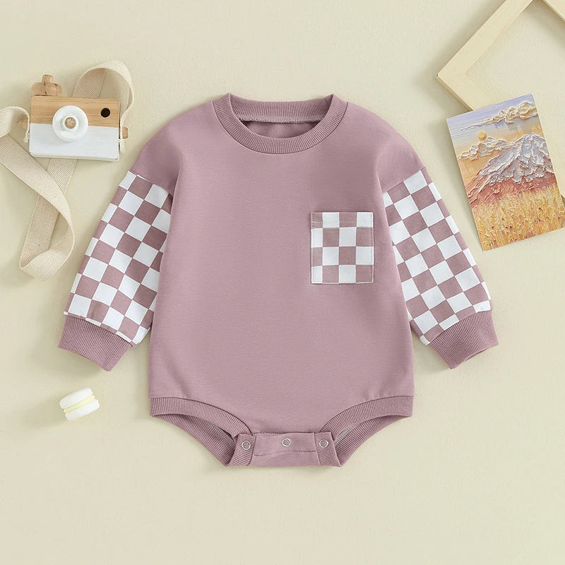 Baby Toddler Boy Girl Crewneck Plaid Checker Contrast Color Bubble Rompers Long Sleeve Jumpsuit