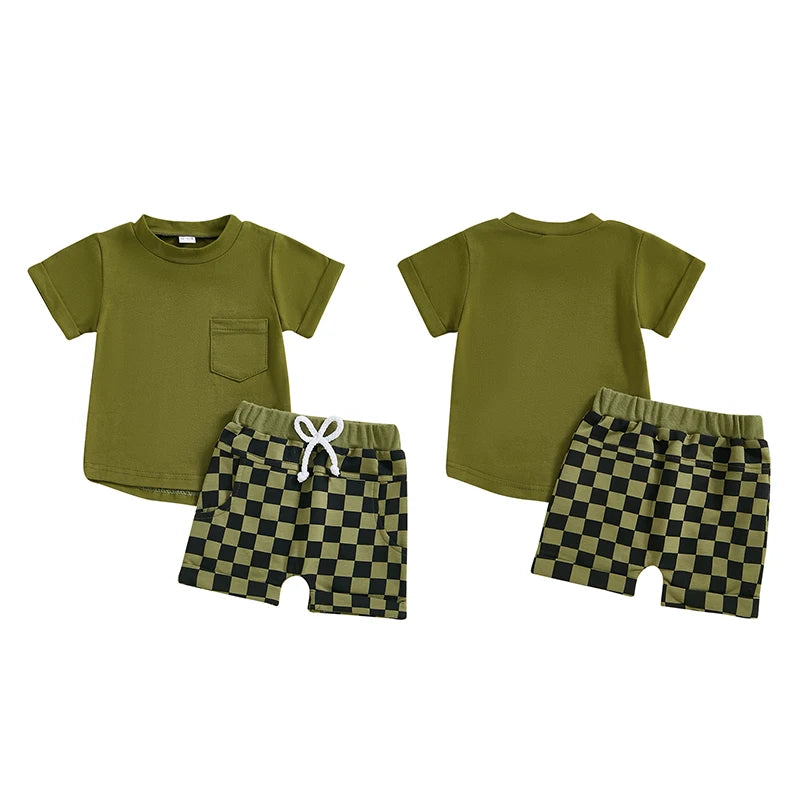 Baby Toddler Boys 2Pcs Summer Outfit Solid Color Short Sleeve Top T-Shirt Checkered Shorts Set