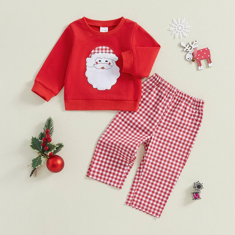 Baby Toddler Boys 2Pcs Christmas Outfit Santa/Truck Embroidery Long Sleeve Top and Plaid Long Pants Set