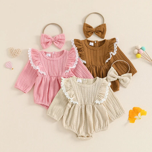 Baby Girls 2Pcs Set Lace Ruffled Trim Ribbed Long Sleeve Round Neck Romper Bow Headband Outfit