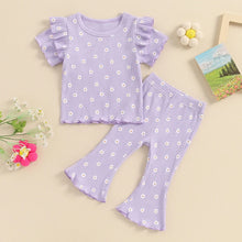 Load image into Gallery viewer, Baby Toddler Girls 2Pcs Clothes Set Flower Print Short Sleeve Crew Neck Top Frilly Sleeve with Flare Pants Set Outfit
