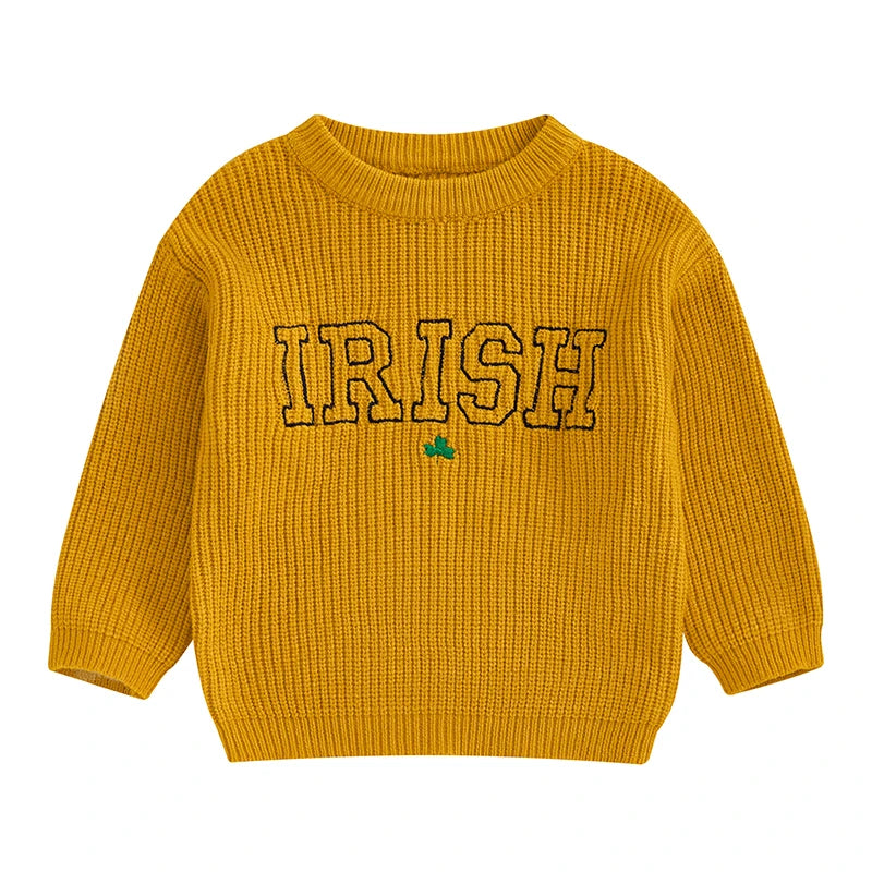 Baby Toddler Boy Girl Irish Sweater Clover Letter Crew Neck Long Sleeve Pullover Knit Top Causal Spring Clothes