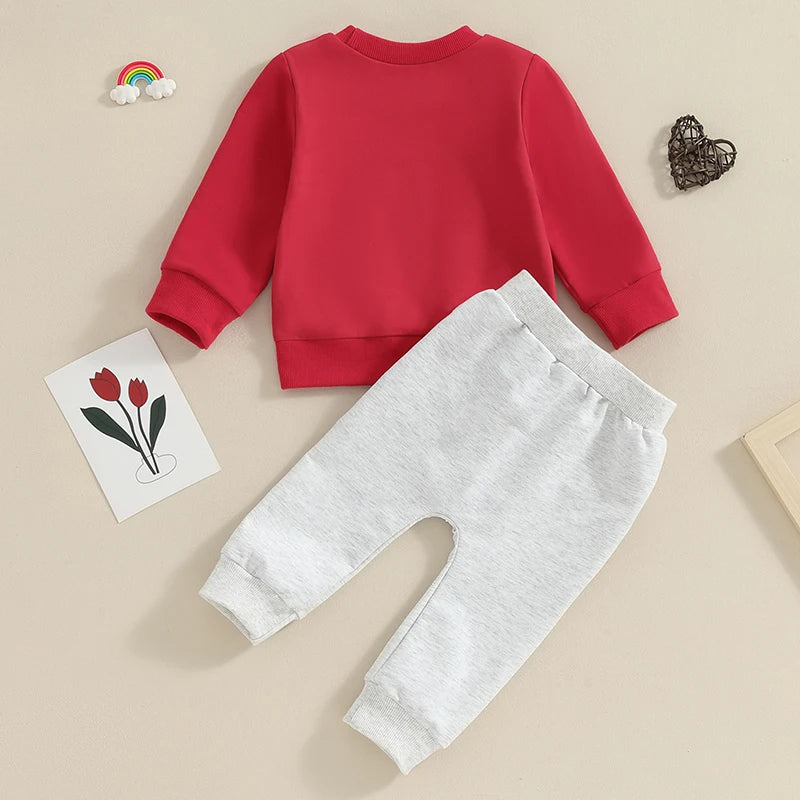 Toddler Baby Kids Boys 2Pcs Valentine's Day Clothes Long Sleeve Pullover Crewneck Lover Boy Top Pants Outfit Set