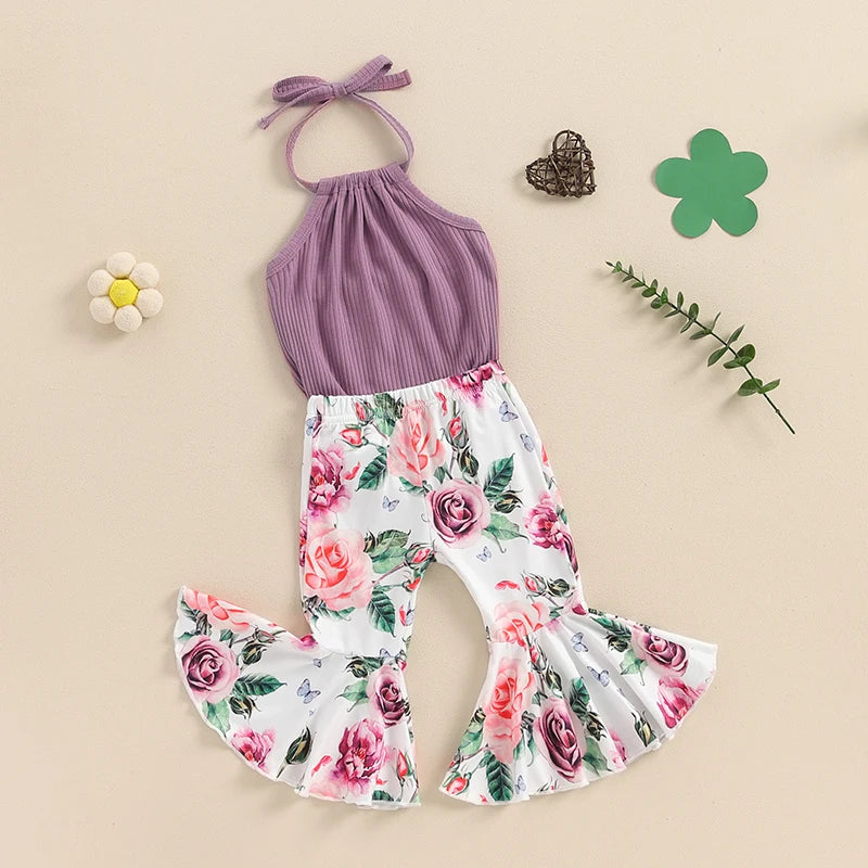 Baby Girl 2Pcs Summer Outfit Tie-Up Halter Neck Sleeveless Romper with Flower Print Flared Pants Set