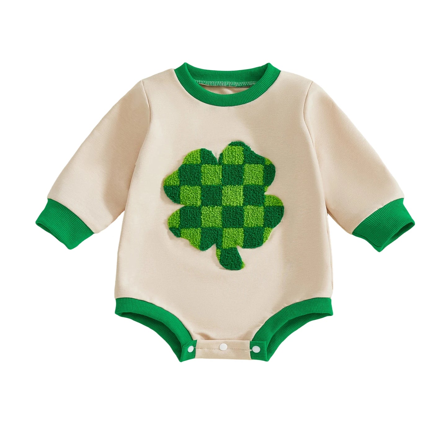 Baby Boys Girls St.Patricks Day Romper Long Sleeve Round Neck Shamrock Embroidery Bodysuit Playsuit