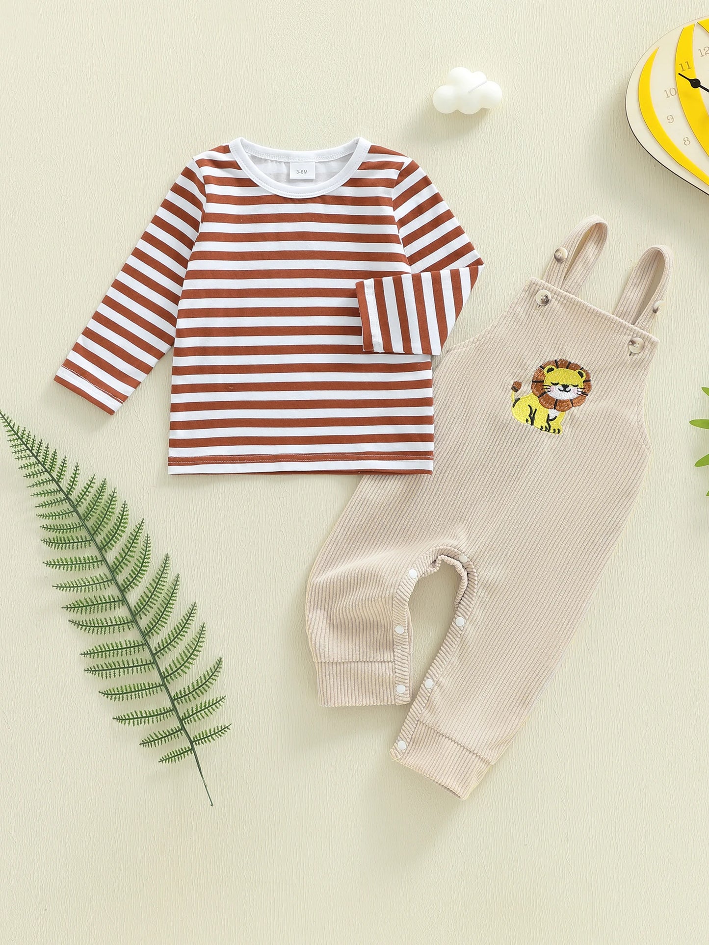 Baby Boys 2Pcs Clothing Sets Fashionable Long Sleeve Striped Topswith Lion Embroidery Overalls 2Pcs Fall Outfits