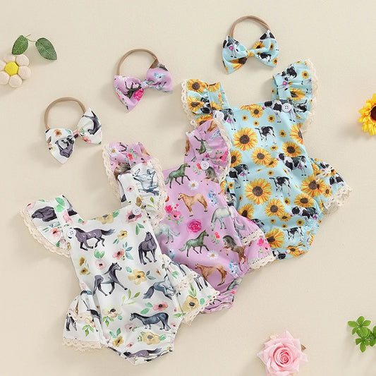 Baby Girl 2Pcs Summer Jumpsuit Farm Cow Horse Sunflower Flower Print Lace Trim Romper and Headband Bow Set