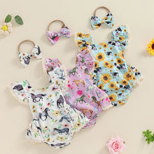 Load image into Gallery viewer, Baby Girl 2Pcs Summer Jumpsuit Farm Cow Horse Sunflower Flower Print Lace Trim Romper and Headband Bow Set
