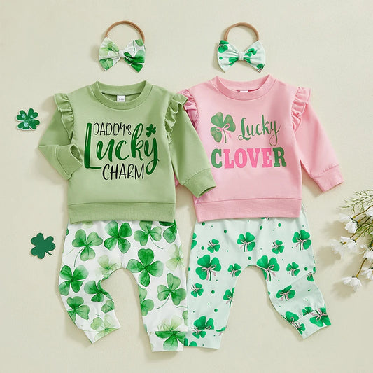 Baby Toddler Girls 3Pcs Daddy's Lucky Charm / Lucky Clover Spring Outfit Long Sleeve Top + Shamrock Pants + Headband Bow Set Clothes St. Patrick's Day