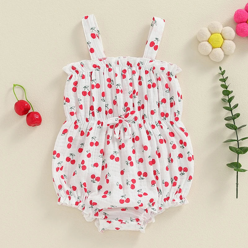 Baby Girl Summer Romper Cute Flower Carrot Cherries Print Sleeveless Tank Top Bow Front Bodysuit