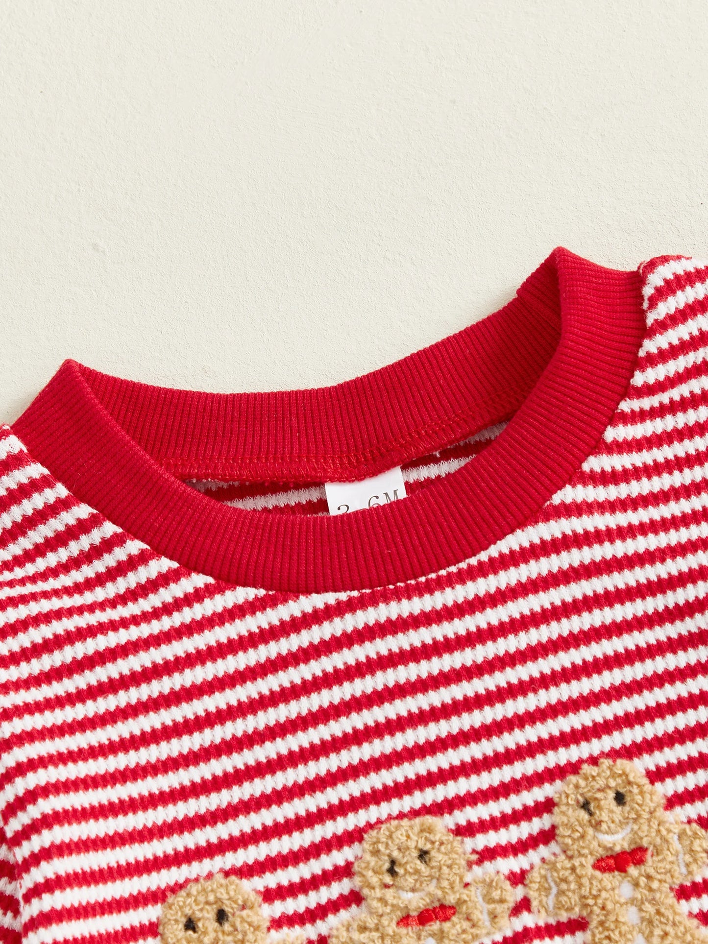 Baby Girls Boys Striped Romper Fashionable Christmas Gingerbread Embroidery Round Neck Long Sleeve Jumpsuit