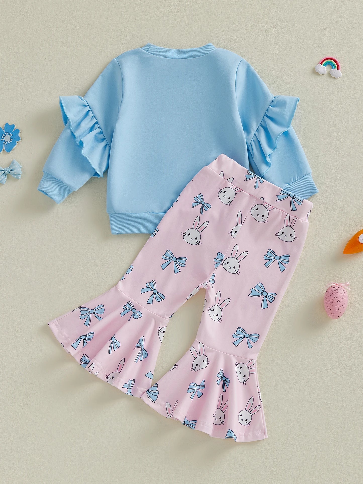 Baby Toddler Girls 2Pcs Happy Easter Outfit Bunny Bow Print Ruffled Trim Crew Neck Long Sleeve Top and Bell Bottoms Set