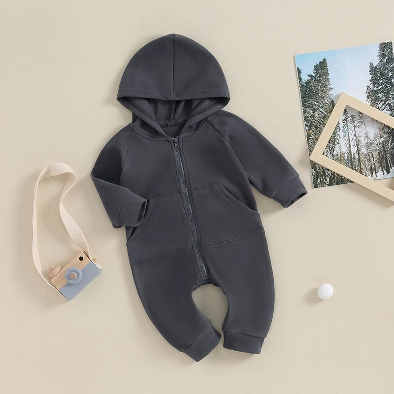 Baby Boy Girl Zipper Romper Long Sleeve Hooded Jumpsuit Solid Color Warm Bodysuit