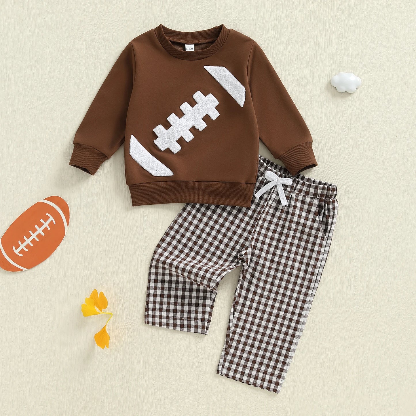Baby Toddler Boys 2Pcs Fall Set Fashionable Long Sleeve Football Embroidery Pullover with Plaid Pants Outfits