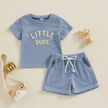 Load image into Gallery viewer, Toddler Baby Boy 2Pcs Little Dude Spring Summer Clothes Fuzzy Letter Waffle Short Sleeve Top Elastic Waist Shorts Set Outfit
