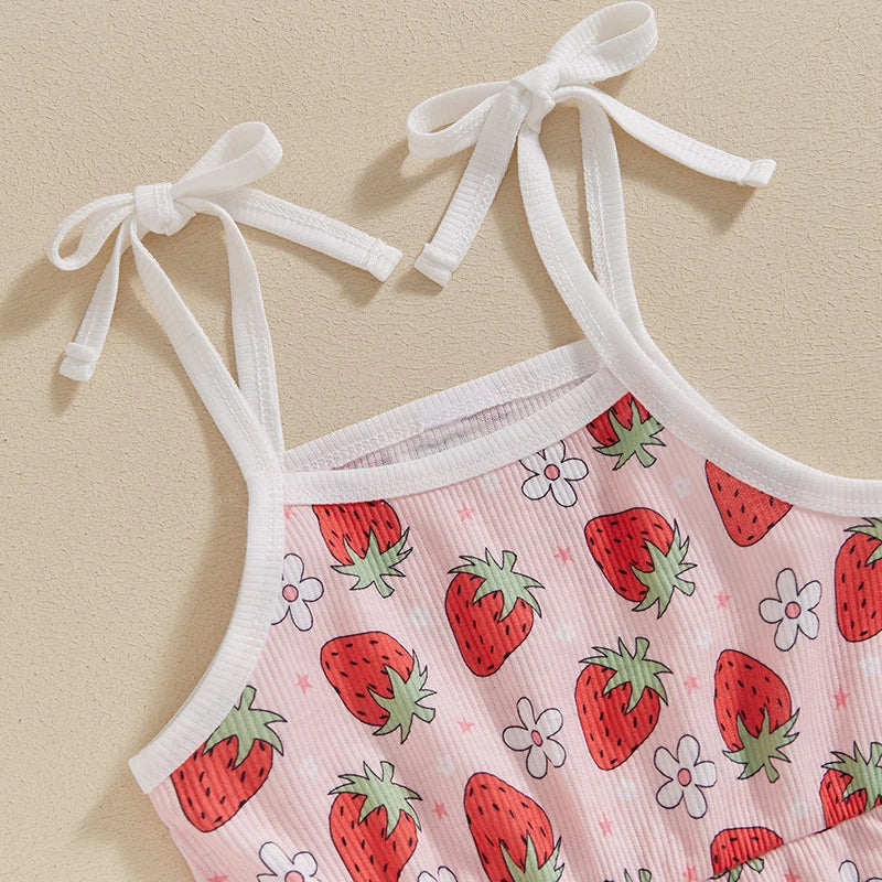 Baby Toddler Kids Girls Jumpsuit Sleeveless Tie Strap Tank Top Strawberry Print Romper Shorts Infant Playsuit