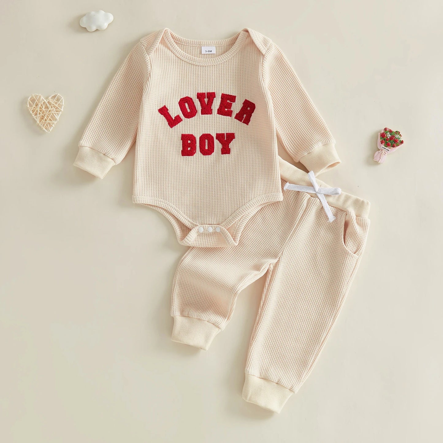Baby Boys 2Pcs Lover Boy Valentine's Day Outfit Long Sleeve Crew Neck Letter Embroidery Romper Drawstring Jogger Pants Set