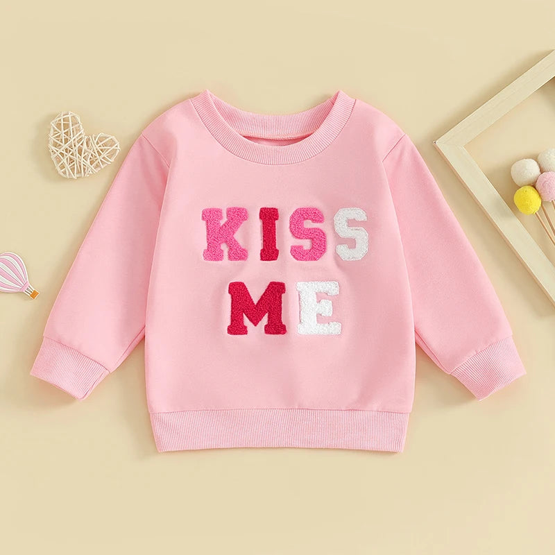 Baby Toddler Girl Valentine's Day Long Sleeve Letter Sweet / Be Mine / Kiss Me Heart Embroidery Crewneck Top