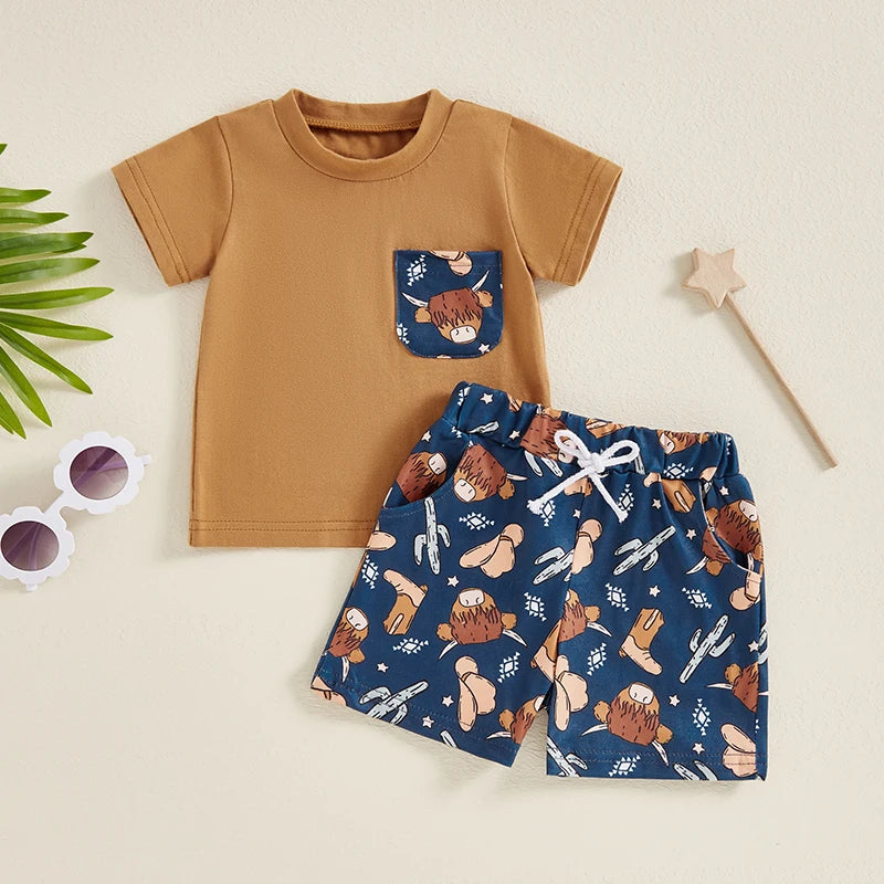 Baby Toddler Boys 2Pcs Summer Outfit Pocket Round Neck Short Sleeve Top Cow Head Cowboy Boots Cactus Print Elastic Waist Shorts Set