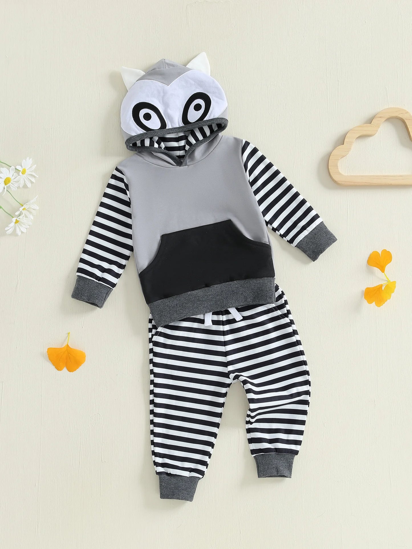 Baby Toddler Boy 2Pcs Fall Outfits Long Sleeve Animal Dinosaur Lemur Hoodies + Elastic Waist Stripe Pants 2Pcs Jogger Set