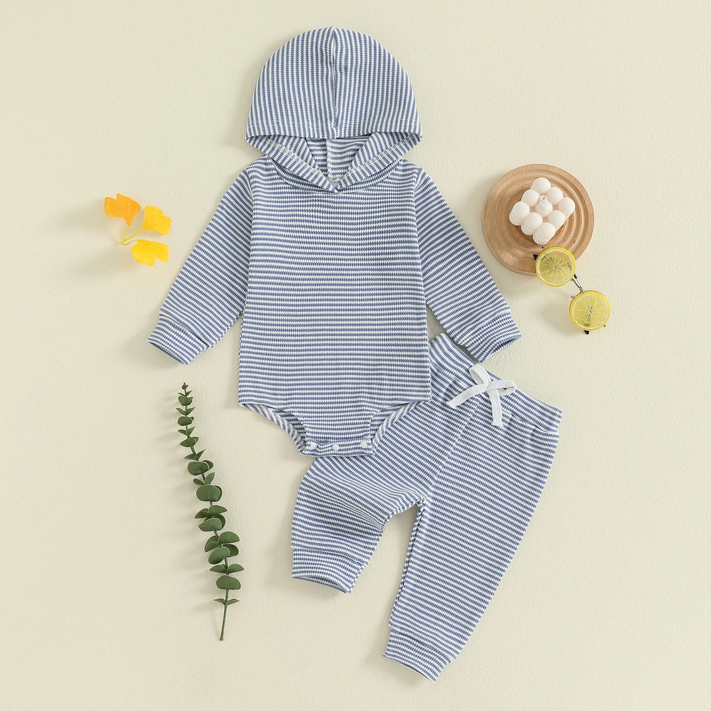 Baby Toddler Boys 2Pcs Striped Sets Fashionable Long Sleeve Hooded Romper with Jogger Pants 2Pcs Outfits