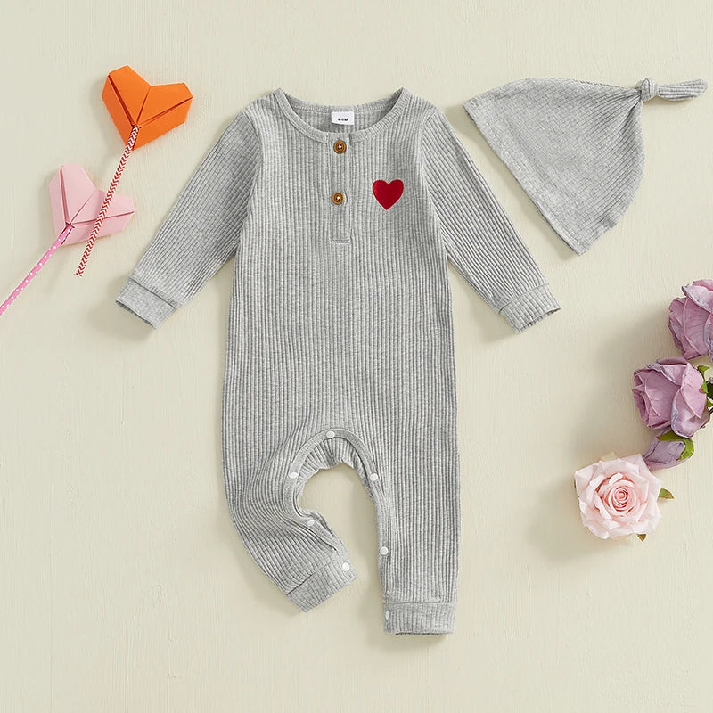 Baby Boys Girls 2Pcs Valentine's Day Heart Print Long Sleeve Ribbed Romper Hat Valentines Outfit Set