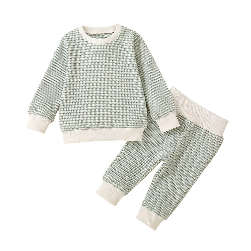 Baby Toddler Boys 2Pcs Fall Outfit Waffle Stripe Long Sleeve Top and Long Pants Set