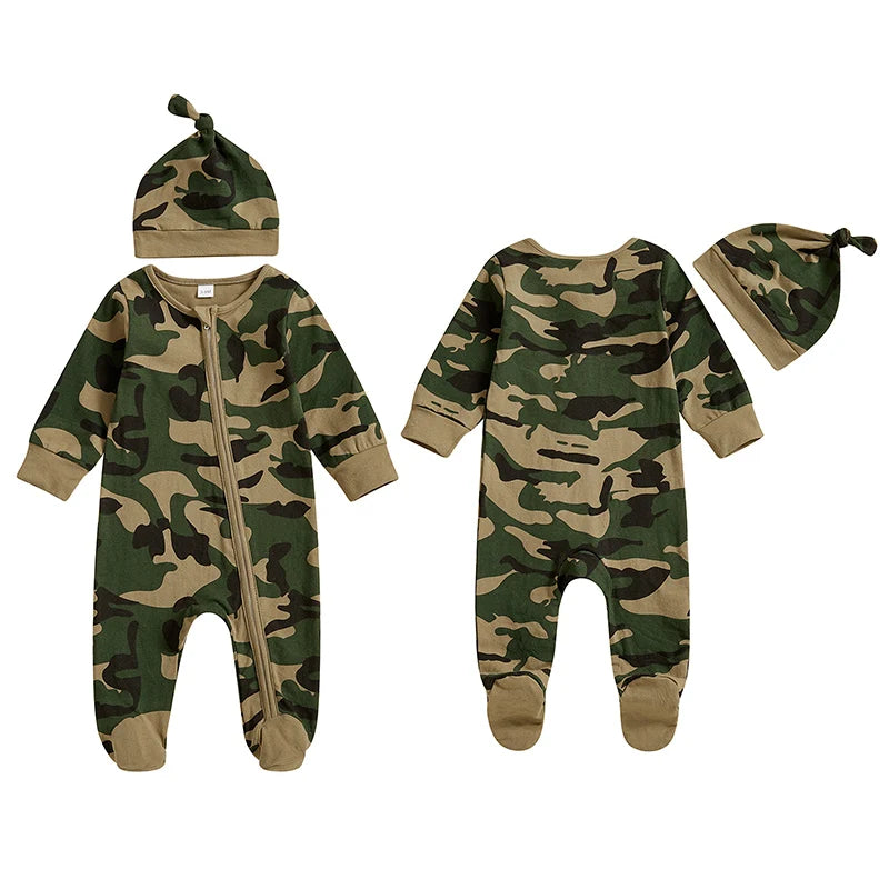 Baby Boys 2Pcs Footies Romper Camouflage Round Neck Long Sleeve Zipper Romper Infant Clothes Jumpsuit with Beanie Hat Set Outfit